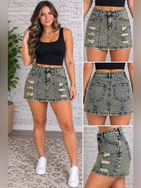 American Bazi Denim Mini Skirt M Acid Wash Distressed Ripped Y2K Grunge